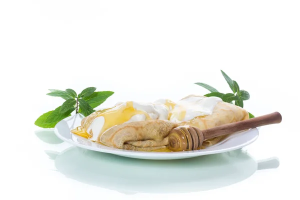 Sweet Pancakes Cottage Cheese Sour Cream Honey Plate — Stock Photo, Image