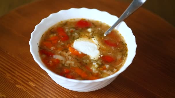 Supă de legume cu chiftele și piper într-o farfurie — Videoclip de stoc