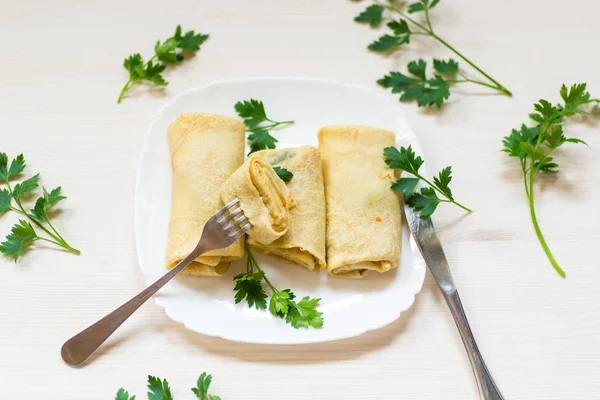Thin Fried Pancakes Stuffed Stewed Cabbage Plate — Stock Photo, Image