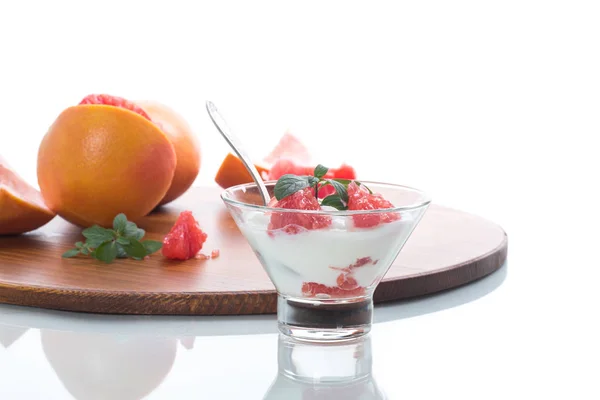 Sweet Homemade Organic Yogurt Slices Red Grapefruit Glass Bowl Isolated — Stock Photo, Image