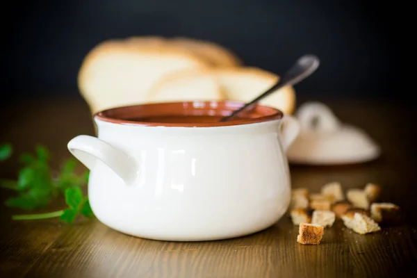 Sopa Verduras Con Frijoles Albóndigas Tazón Cerámica Sobre Una Mesa — Foto de Stock