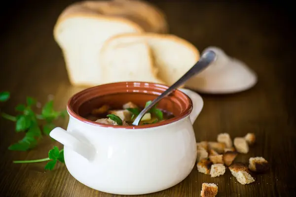 Vegetable Soup Beans Meatballs Ceramic Bowl White Wooden Table — Stock Photo, Image