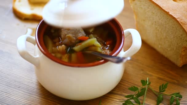 Gemüsesuppe mit Bohnen und Frikadellen in einer Keramikschüssel — Stockvideo