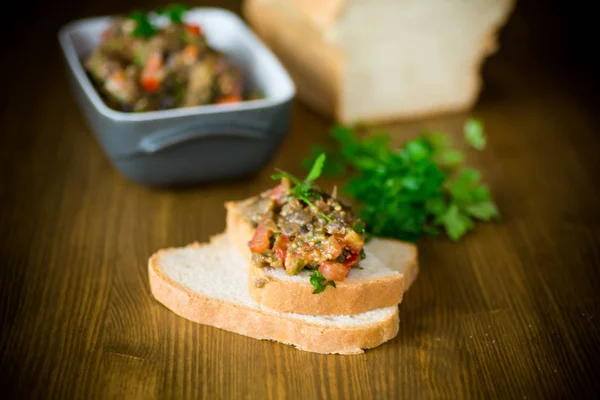 Eggplant Caviar Tomatoes Slice Bread Wooden Table — Stock Photo, Image