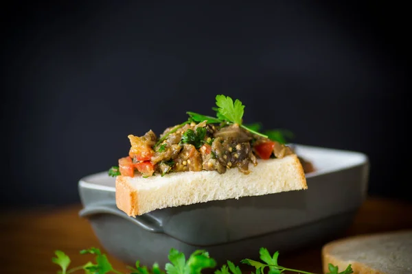 Eggplant Caviar Tomatoes Slice Bread Wooden Table — Stock Photo, Image