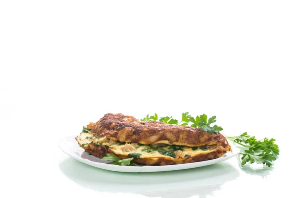 Omelette Frite Avec Chou Fleur Légumes Verts Dans Une Assiette — Photo
