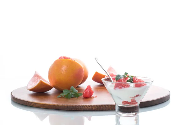 Sweet Homemade Organic Yogurt Slices Red Grapefruit Glass Bowl Isolated — Stock Photo, Image