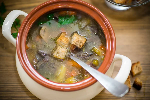 Sopa Verduras Casera Con Setas Silvestres Pimientos Plato Sobre Una — Foto de Stock