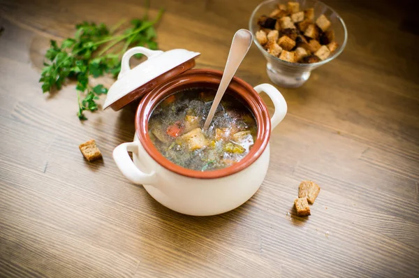 Sopa Verduras Casera Con Setas Silvestres Pimientos Plato Sobre Una —  Fotos de Stock