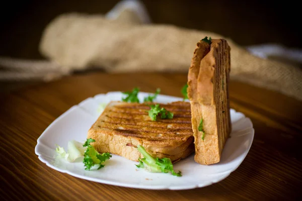 Hot double sandwich with lettuce leaves and stuffed in a plate — Stock Photo, Image