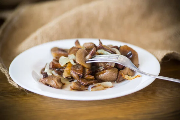 Boletus Mushrooms Fried Onions Plate Wooden Table — Stock Photo, Image