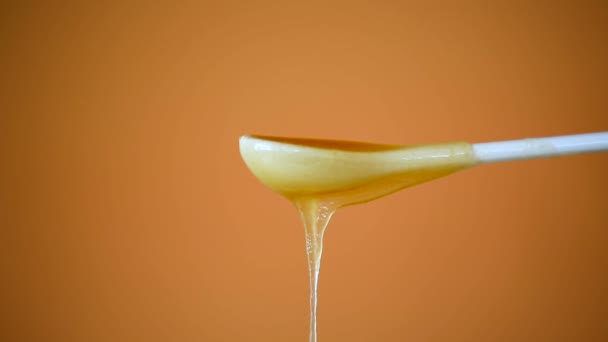 Miel sucré coulant d'une cuillère sur une orange — Video