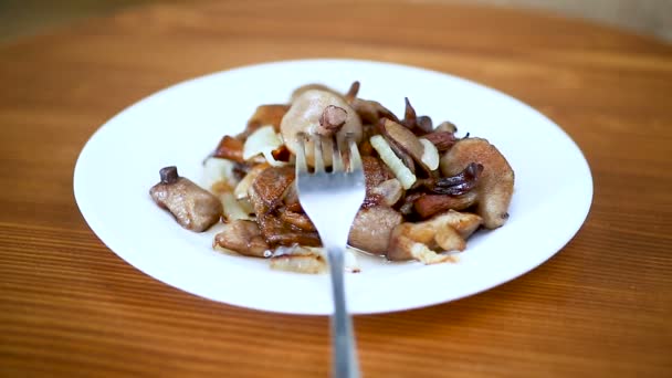 Boletus champiñones fritos con cebolla en un plato — Vídeo de stock