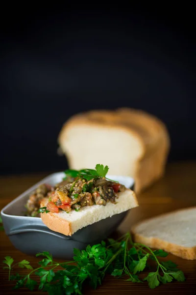 Caviar de berinjela com tomates e uma fatia de pão — Fotografia de Stock