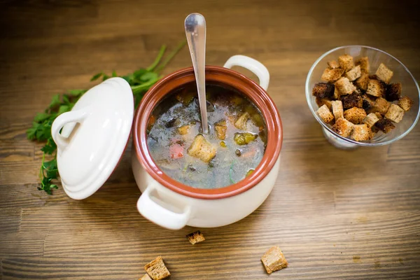 Sopa de verduras casera con setas silvestres y pimientos en un plato — Foto de Stock