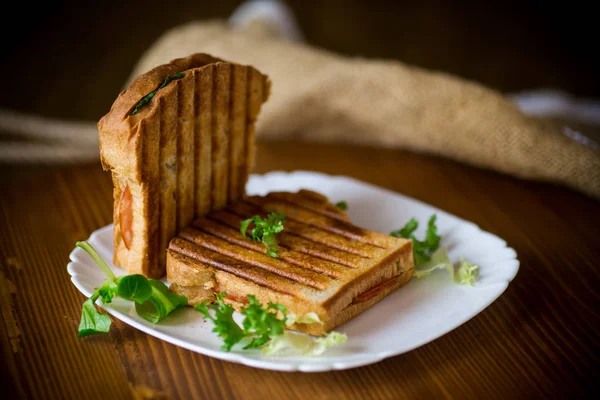 Hot double sandwich with lettuce leaves and stuffed in a plate — Stock Photo, Image