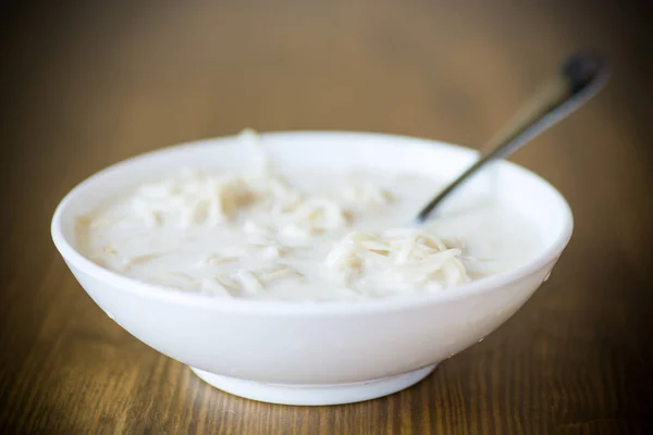 Fideos dulces caseros con leche en un plato — Foto de Stock