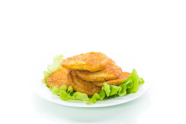 Potato Pancakes Lettuce Leaves Plate White Background — Stock Photo, Image