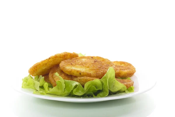 Potato Pancakes Lettuce Leaves Plate White Background — Stock Photo, Image