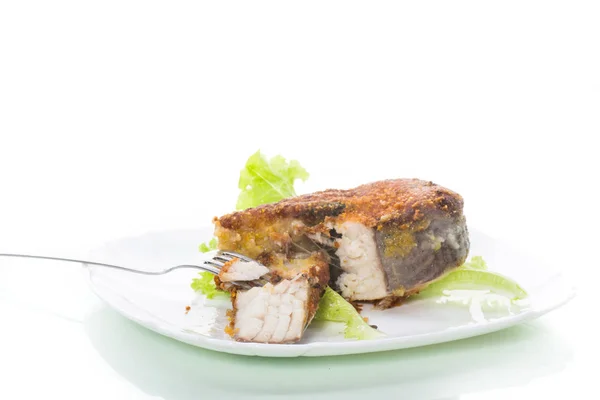 Pedazo de pescado de lucio frito en un plato aislado en blanco — Foto de Stock