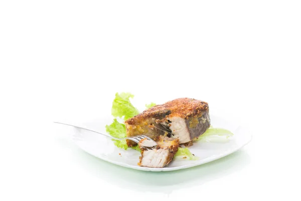 Piece of fried pike fish in a plate isolated on white — Stock Photo, Image