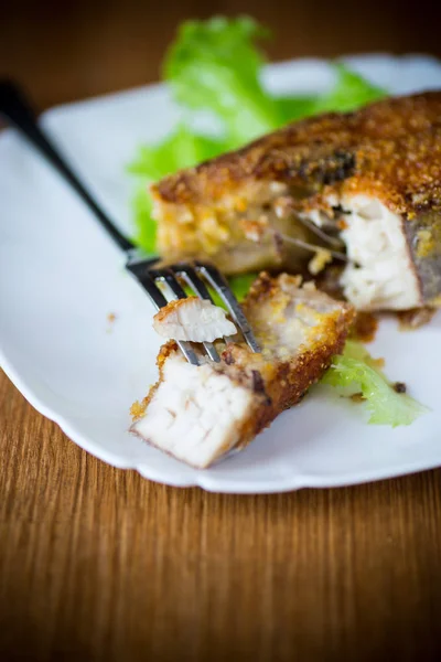 Piece of fried pike fish in a plate on a wooden — Stock Photo, Image