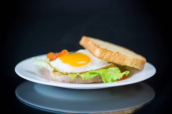 Färsk smörgås med sallad lämnar och stekt ägg med varma skålar — Stockfoto