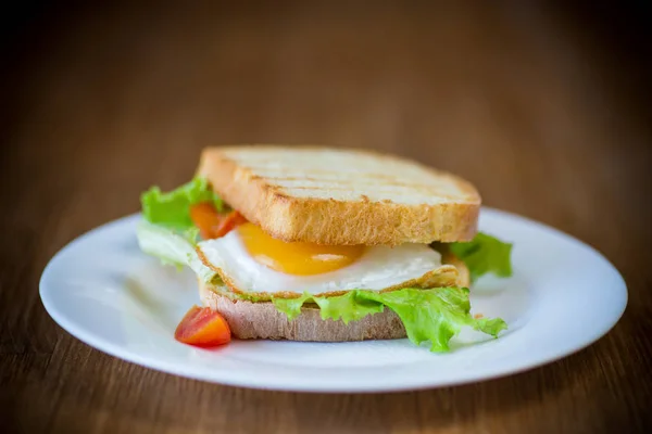 Fresh sandwich with lettuce leaves and fried egg with hot toasts — Stock Photo, Image