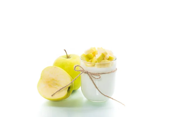 Homemade Yogurt Ripe Apples Isolated White Background — Stock Photo, Image