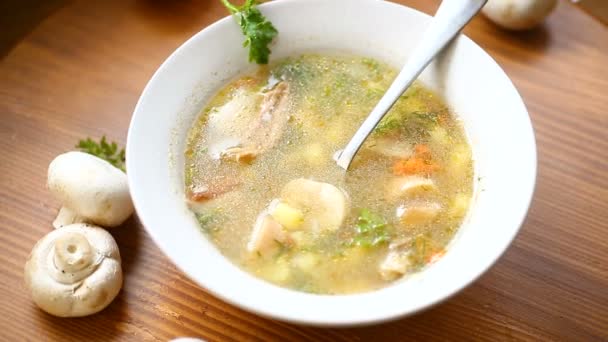 Sopa rural casera con verduras y champiñones en un bol — Vídeo de stock