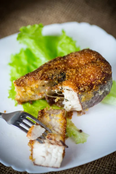 Piece of fried pike fish in a plate on a wooden — Stock Photo, Image