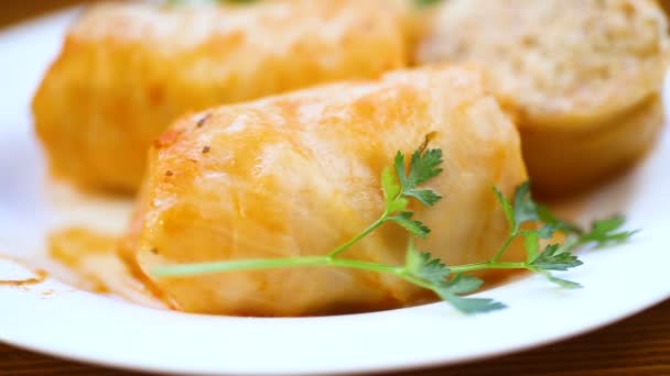 Hojas de col rellenas con carne picada y arroz en salsa de tomate . — Vídeos de Stock