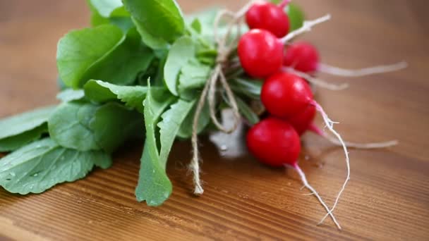 Świeże organiczne czerwone rzodkiewki na drewnianym stole — Wideo stockowe