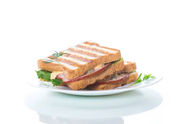 Fresh sandwich with vegetables, bacon and cheese on a white — Stock Photo, Image