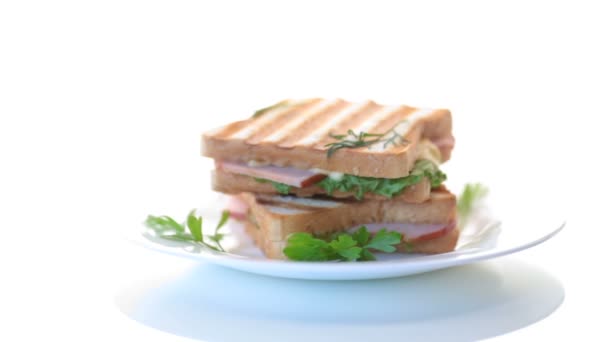 Čerstvý sendvič se zeleninou, slaninou a sýrem na bílém — Stock video