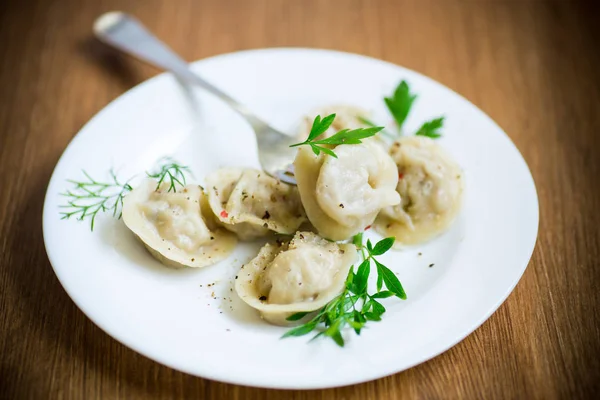 Kokt dumplings med kött och kryddor i en tallrik — Stockfoto