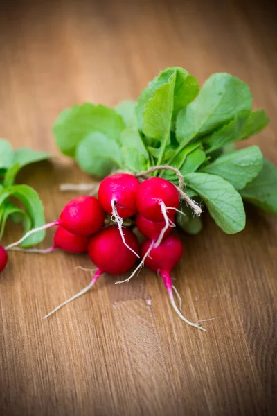 Verse biologische rode radijs op een houten tafel — Stockfoto