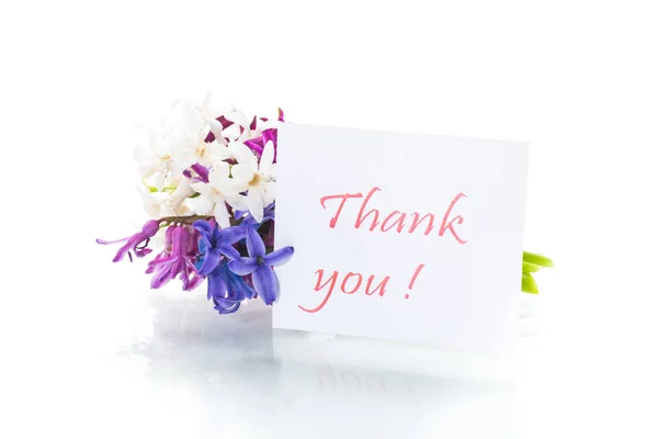 Spring beautiful flowers of a hyacinth with a thank you card — Stock Photo, Image