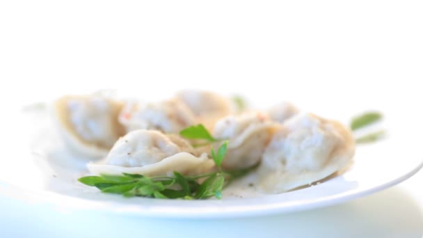 Kokt dumplings med kött och kryddor i en tallrik — Stockvideo