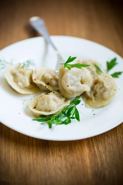 Kokt dumplings med kött och kryddor i en tallrik — Stockfoto