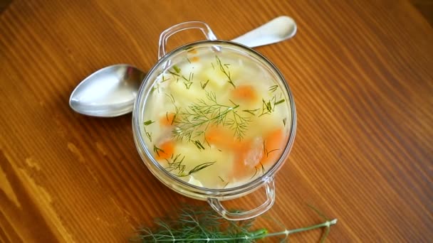 Kuřecí polévka s nudlemi a mrkev v bílé míse. — Stock video
