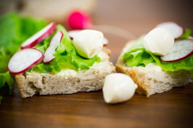 peynir, marul ve kırmızı turp ile sandviç ahşap