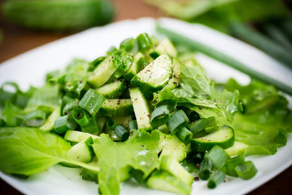 Friss saláta uborka és zöldek egy tányéron fából — Stock Fotó