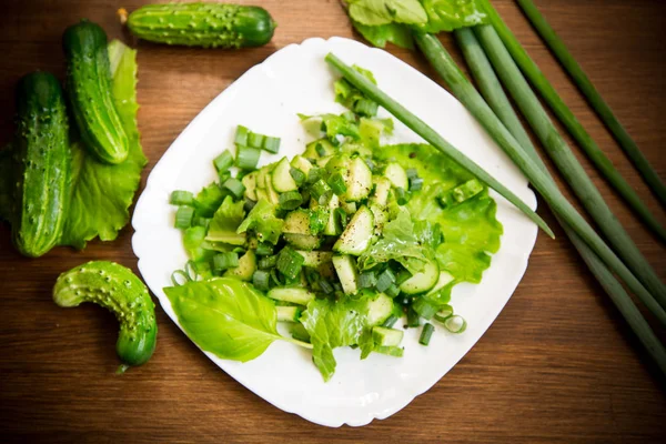 Свежий салат из огурцов и зелени в тарелке на деревянной — стоковое фото