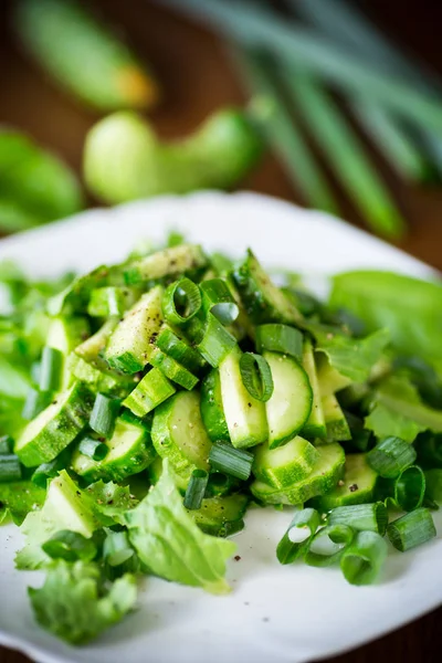 Fersk salat av agurker og grønnsaker i en tallerken på et tre – stockfoto
