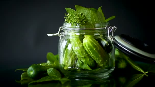 Pepinos y especias con hierbas para enlatar en un frasco — Vídeos de Stock