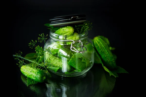 Cetrioli e spezie con erbe per inscatolamento in un vaso — Foto Stock