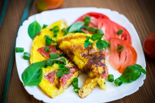 Omelete frito de ovos orgânicos caseiros com tomates e cebolas verdes — Fotografia de Stock