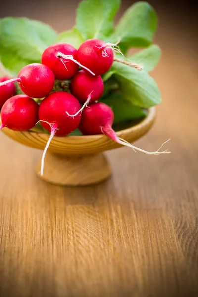 Frischer roter Bio-Rettich auf einem Holztisch — Stockfoto