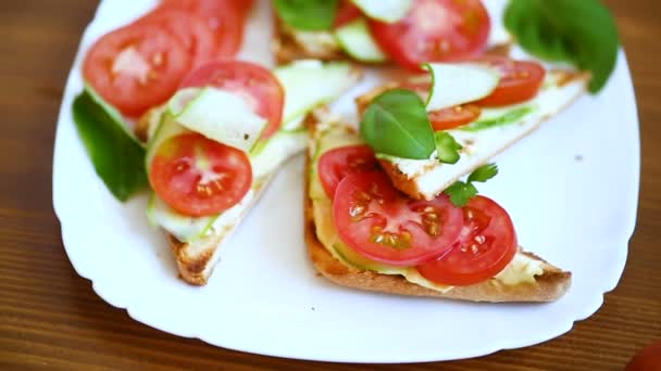 Gustoso panino con pasta di cagliata, cetrioli freschi e pomodori — Video Stock